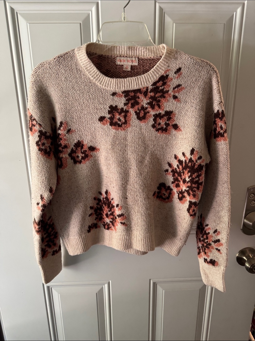 Knox Rose Cream Crewneck Sweater with Pink & Brown Floral Pattern